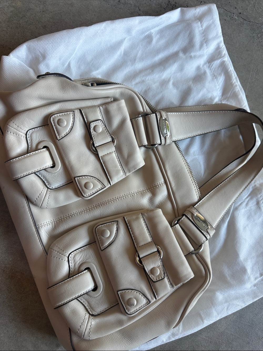 Ivory Leather Shoulder Bag with Front Buckle Pockets